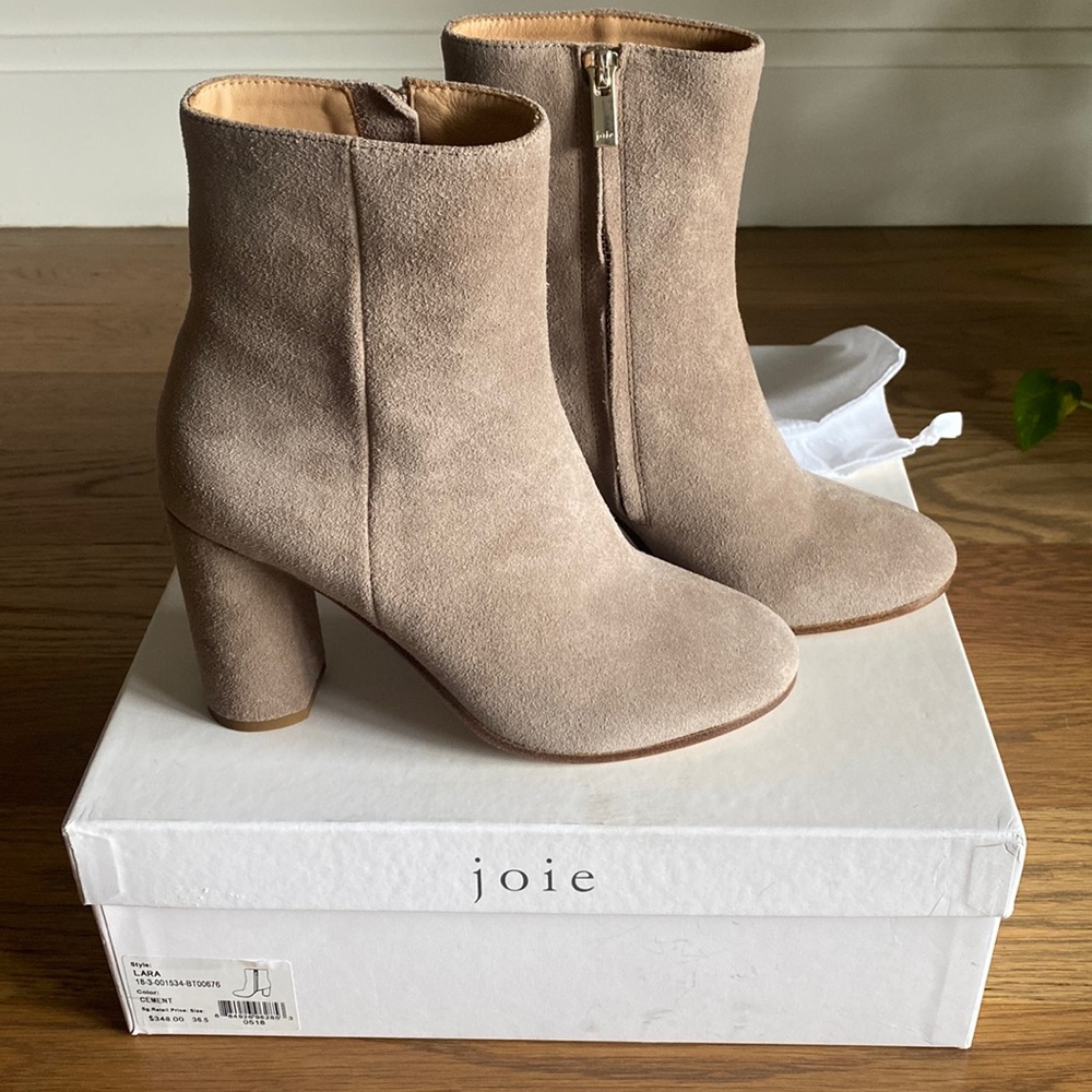 Joie Suede Boots/ “Lara” Booties, sz 36.5, cement/ light taupe color